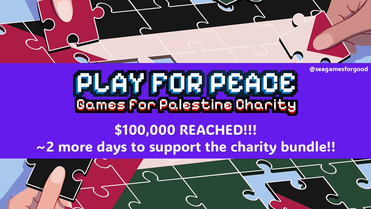 We are incredibly pleased to reach $100,000 for the Play for Peace: Games for Palestine charity bundle. With just 2 days left to go, please RT and support the bundle, and let's push it as high as we can go!!!

Thank you for the support!!

Link: itch.io/b/2979/play-fo…