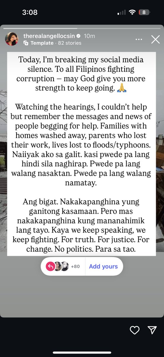 ANGEL LOCSIN BREAKS SOCIAL MEDIA HIATUS ✊

Actress Angel Locsin broke her years-long silence online on Sunday, Sept. 21, to back Filipinos protesting corruption.

“May God give you more strength to keep going,” Locsin wrote on Instagram, recalling families who lost homes, loved