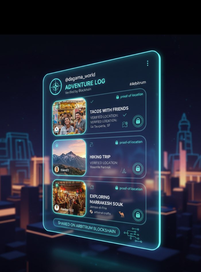 CEOCryptoMoney's tweet image. Ever notice how Venmo’s feed just lists payments like tacos with friends? Well, @dagama_world takes it further by verifying real spots you’ve been to, creating a shared log of adventures on the blockchain way cooler than cash swaps. #Arbitrum #DGMA