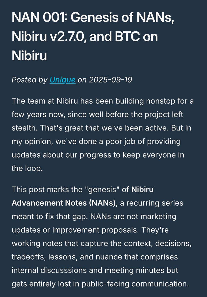 NAN 001: Genesis of NANs, Nibiru v2.7.0, and BTC on Nibiru