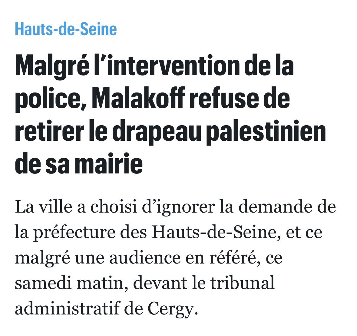 Bravo et soutien total à la maire de #Malakoff .
Alors que la France par la voix de son président va reconnaître lundi l’état de Palestine, les préfets ne doivent pas être au service des névroses de <a href="/BrunoRetailleau/">Bruno Retailleau</a> .