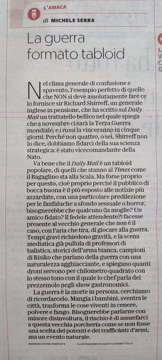 qualcuno spieghi a Michele Serra che i campioni mondiali della tattica di dare spazio ai titoli guerrafondai che appaiono sui tabloid inglesi siamo, da sempre, noi italiani, con Repubblica in testa.