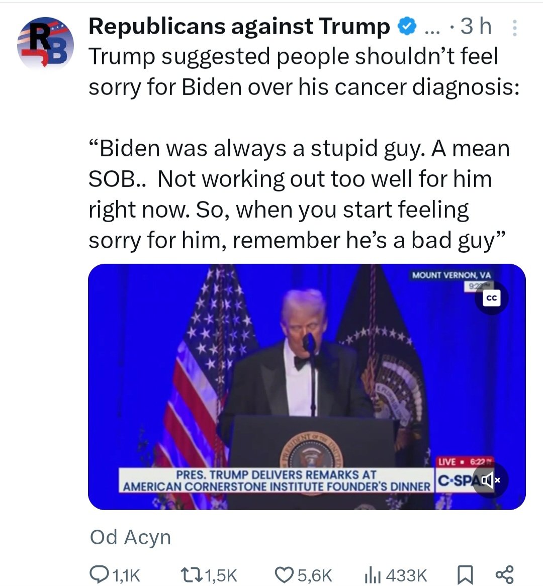 Ivan Pilip (@ivan_pilip) on Twitter photo Trump zase ukázal, že problém není jen jeho politika, ale že je odporný jako člověk - v projevu (znovu) řekl, že lidem nemá být líto Bidena kvůli jeho rakovině, protože byl vždycky hloupý a je "bad guy".
V normální společnosti by to vyvolalo znechucení, tady potlesk a smích....🤮 Trump zase ukázal, že problém není jen jeho politika, ale že je odporný jako člověk - v projevu (znovu) řekl, že lidem nemá být líto Bidena kvůli jeho rakovině, protože byl vždycky hloupý a je "bad guy".
V normální společnosti by to vyvolalo znechucení, tady potlesk a smích....🤮