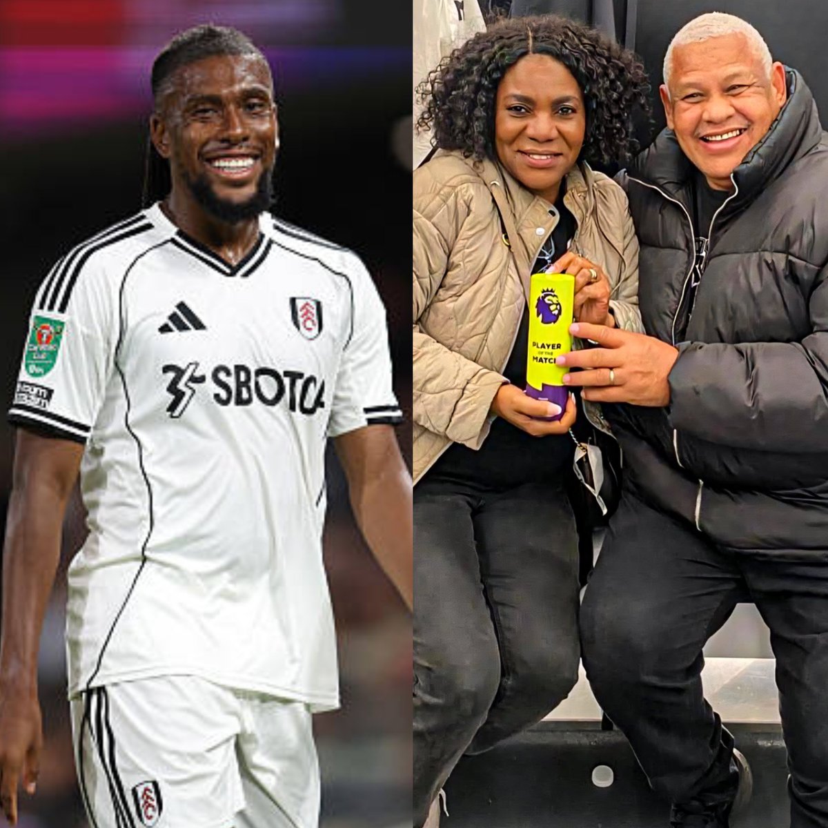 nicowizzyikenna's tweet photo. Alex Iwobi's parents poses with his Man of the Match award which the player got after his performance for Fulham in Saturday's Premier League game against Brentford.
Alex scored one goal and made one assist in the game which Fulham won 3–1 at Craven Cottage.
#FULBRE https://t.co/XZwouWnK6h