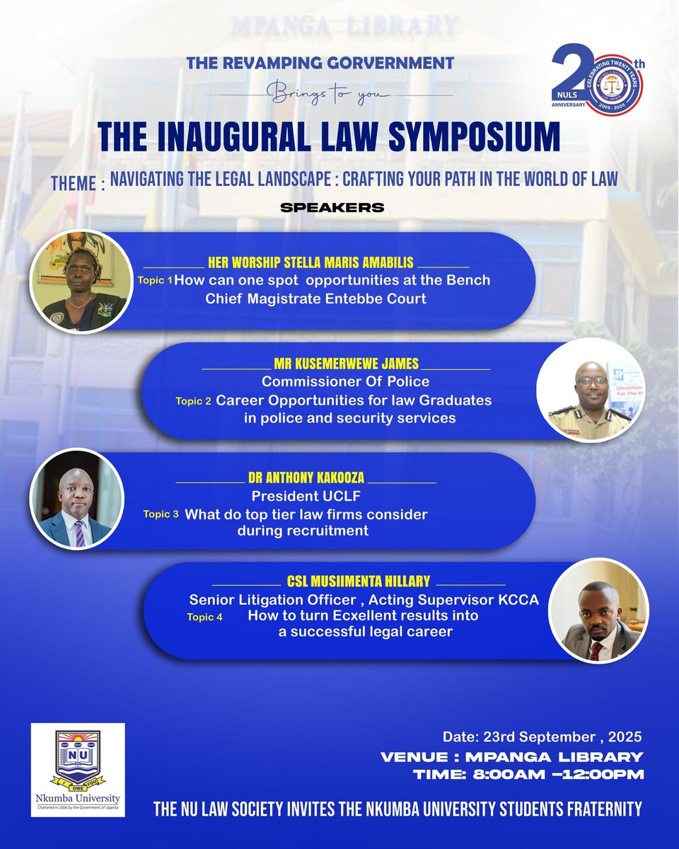 The <a href="/nkumba_law/">Nkumba University Law Society</a> will hold its Inaugural Law Symposium on 23rd Sept. 2025 at Mpanga Library under the theme “Navigating the Legal Landscape: Crafting Your Path in the World of Law.” The event will feature distinguished speakers sharing insights on judicial opportunities.