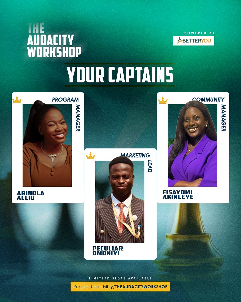 ABETTERYOUHQ's tweet photo. Every movement needs audacity, and every bold move needs leaders to drive it. 

Meet the Captains of the 2025 Audacity Workshop, a team unafraid to take risks, push limits, and lead others with vision.

Now, the question is; 
Will you be in the room? 

Register here to be a part. 
https://t.co/eNmpAG2FET

PS: Tag who you can see in the comments.