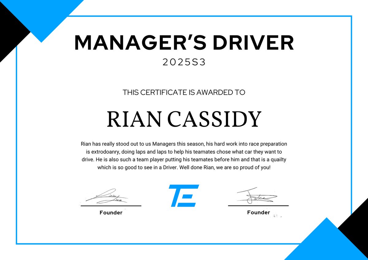 2025S3 Season awards 🏆

Last night seen the return of our seasonal award ceremony were we spend time going over the season highlighting the highs and handing some awards. 

We have 3 awards, drivers driver, mangers driver and most improved driver and had 3 rightful winners!