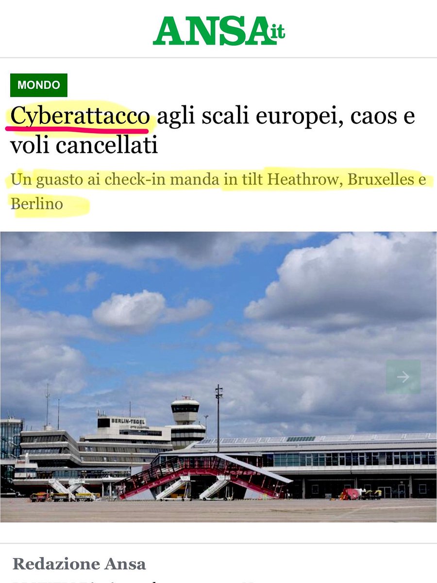 🔴Ieri c’è stato davvero un cyberattacco ad #aeroporti civili europei?

🟣gli #aeroporti civili sono gestiti da una società, Collins Aerospace, filiale dell'appaltatore militare USA RTX (ex Raytheon Technologies), che fornisce sistemi integrati sia per …

facebook.com/share/p/1JZVKX…