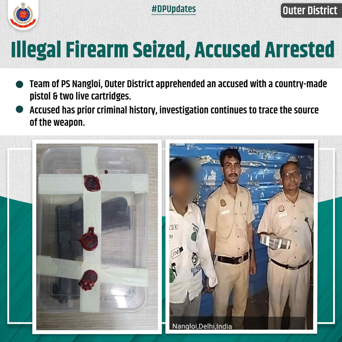 dcpouter's tweet image. 🚨 PS Nangloi | Outer District 🚨 

Team of PS Nangloi, Outer District arrested an accused in possession of a country-made pistol and two live cartridges.

The accused was recently released from jail and further investigation is underway to trace the source of the illegal…