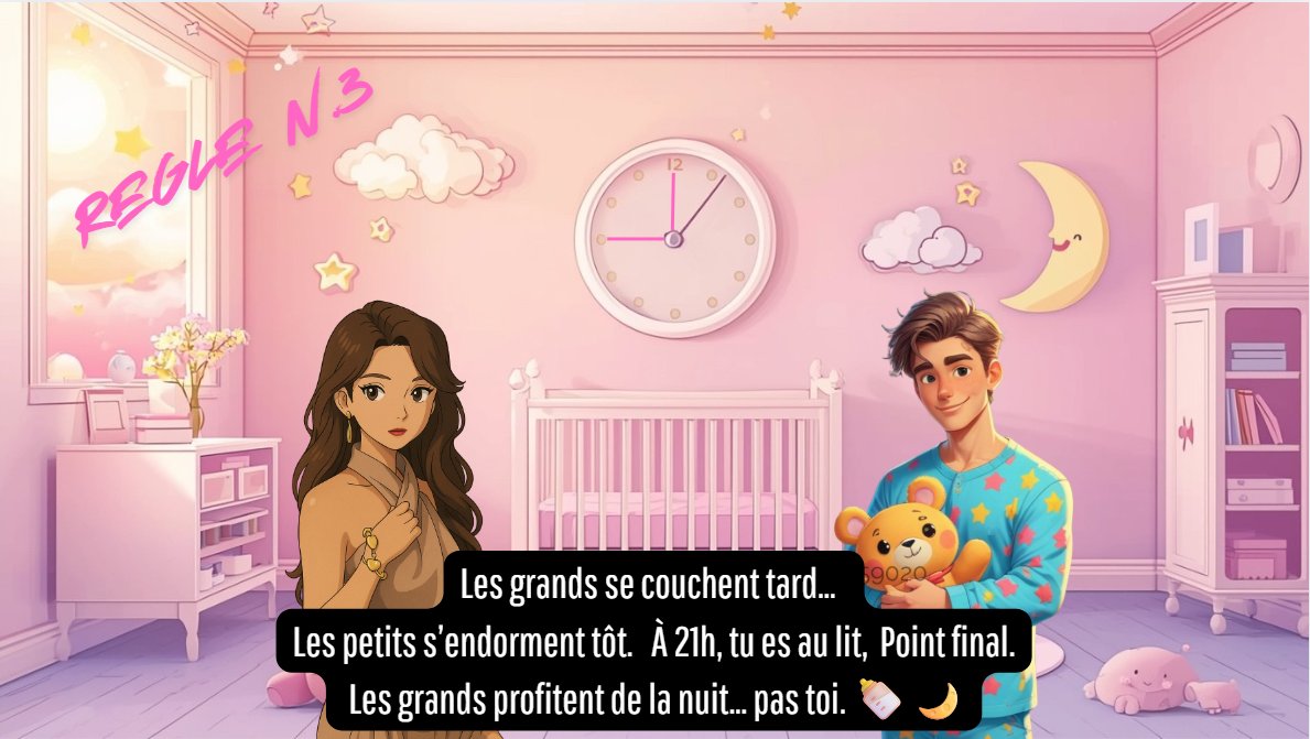 Règle n°3
Les grands se couchent tard…
Les petits s’endorment tôt. À 21h, tu es au lit, Point final.
Les grands profitent de la nuit… pas toi. 🍼🌙