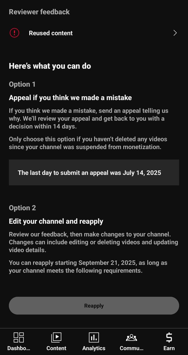 LiyDany's tweet photo. Hello @TeamYouTube My channel(https://t.co/jL4i4ObA2Q) was suspended from monetization, but today on 21 September 2025 its was day to reapply but this option is not available what can I do? https://t.co/zkeo5cDmwu
