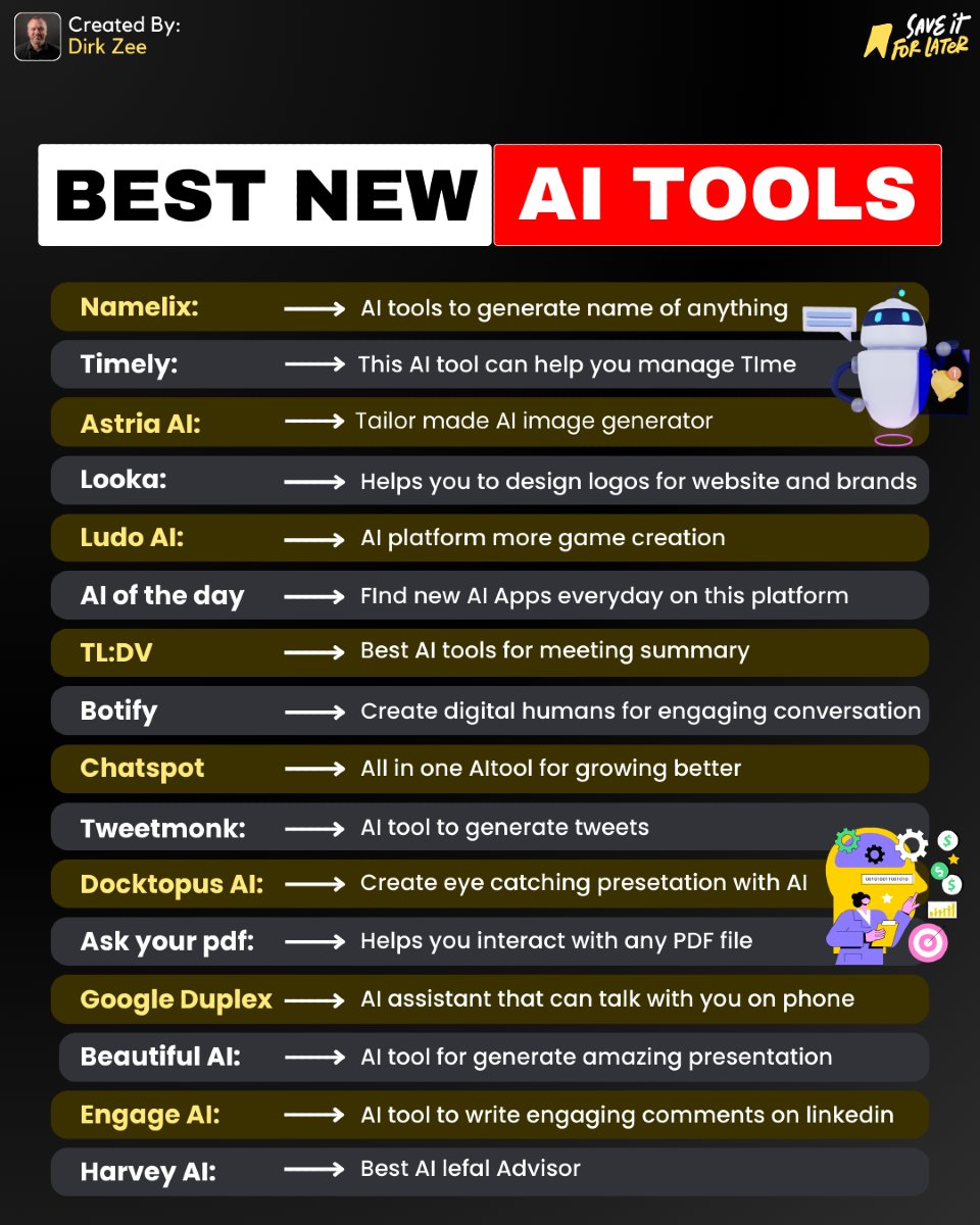 Here are some new AI Tools for you!
Follow me for more <a href="/dirkzee1/">Dirk Zee</a> 
#aitools #chatgpt #artificial_intelligence #machinelearningalgorithms