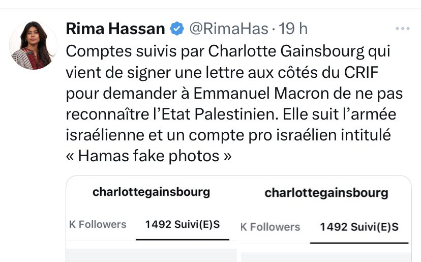 Total soutien à Charlotte Gainsbourg. En plaçant des cibles dans le dos de certaines personnalités, Rima Hassan prépare des drames à la Charlie Kirk. <a href="/cgainsbourg/">Charlotte Gainsbourg</a>