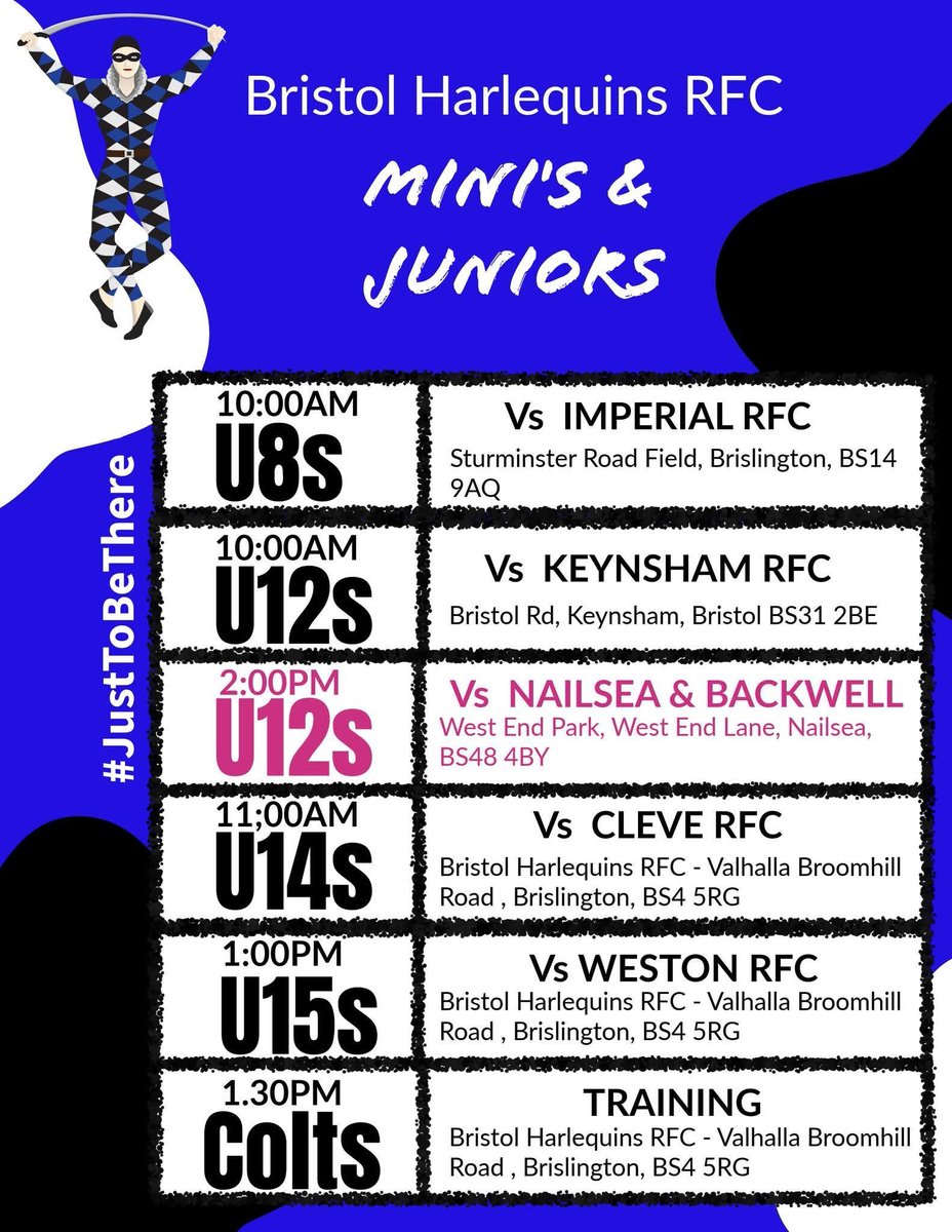 Here is a reminder of the Minis &amp; Juniors schedule for today!

Please come along to support the next generation of Quins!

🔵⚫️⚪️

 #BristolHarlequinsRFC #BlueBlackAndWhiteForever #JustToBeThere #ValhallaCalling #UTQ #COYQ