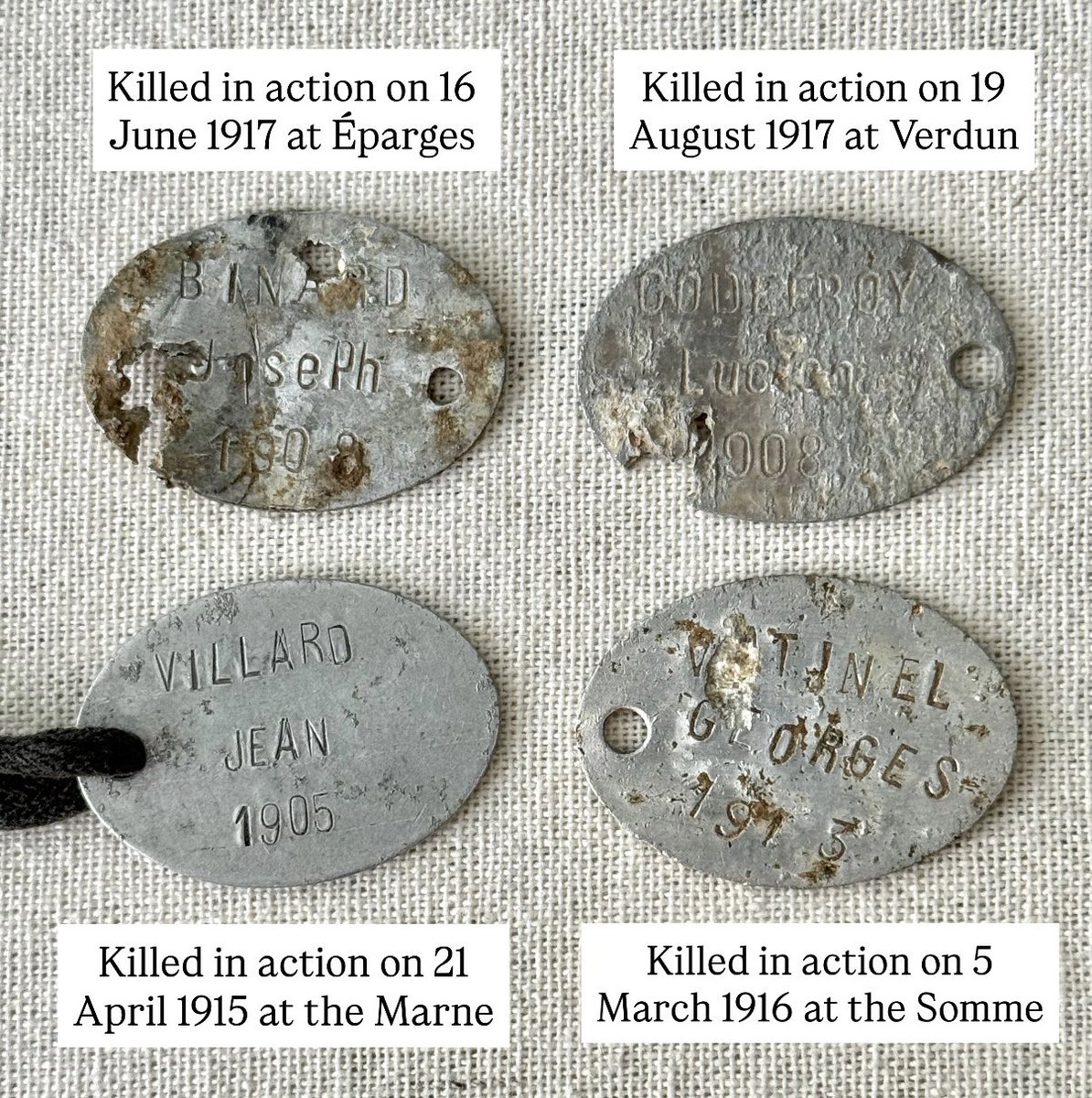 French WWI identity discs of fallen soldiers. Rather sad items to own but equally as important to preserve. From my collection.
