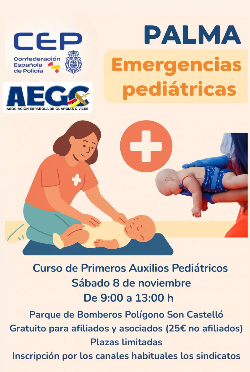 👶🚑 Curso de Emergencias Pediátricas en PALMA

📅 Sábado 8 de noviembre
🕘 09:00 a 13:00 h
📍 Parque de Bomberos · Polígono Son Castelló

🔹 Gratuito afiliados/as y asociados/as
🔹 25€ no afiliados/as
⚠️ Plazas limitadas

#AEGC <a href="/CEPBaleares/">CEP Baleares</a> <a href="/AEGCBaleares/">AEGC Baleares</a>