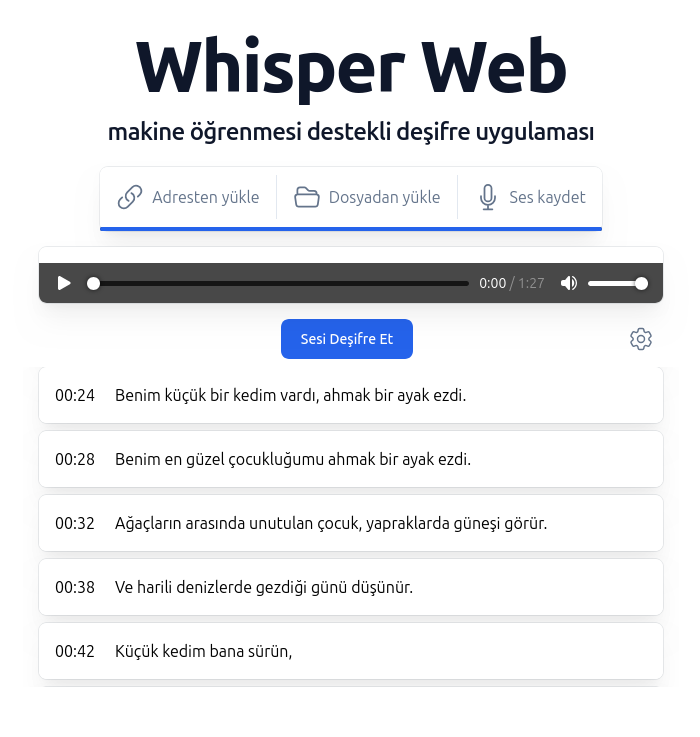 Pratik bir deşifre uygulaması kurdum. Haber yazarken ses dosyalarınızı hızlıca metne çevirebilirsiniz.

Ücretsiz, sınırsız, hızlı, pratik, platform bağımsız, kurulum istemez, üyelik yok, iki tıkla hazır. Tarayıcıda çalıştığı için de verileriniz güvende.

whisper.mertskaplan.com