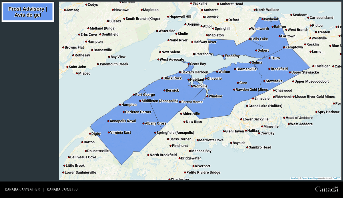 ECCCWeatherNS's tweet image. 🔵 Frost Advisories continue tonight for some counties where temps will again dip to near zero. #Frost #NSStorm