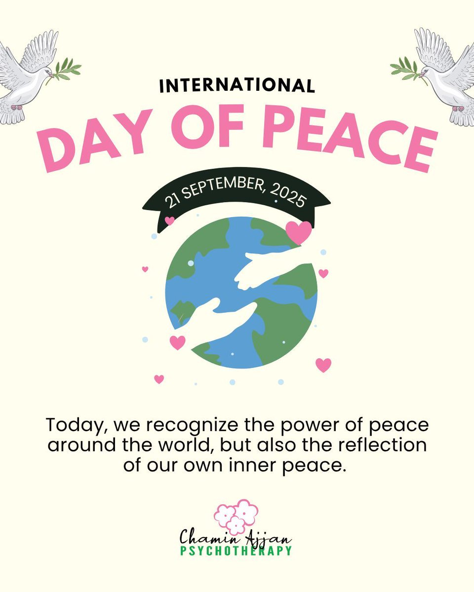 On this International Day of Peace, we’re reminded that healing starts within. 🕊️ 

Therapy can be a space to explore what peace looks like for you, emotionally, mentally, and relationally. 

#InternationalDayOfPeace #InnerPeace #MentalHealthAwareness #EmotionalWellBeing