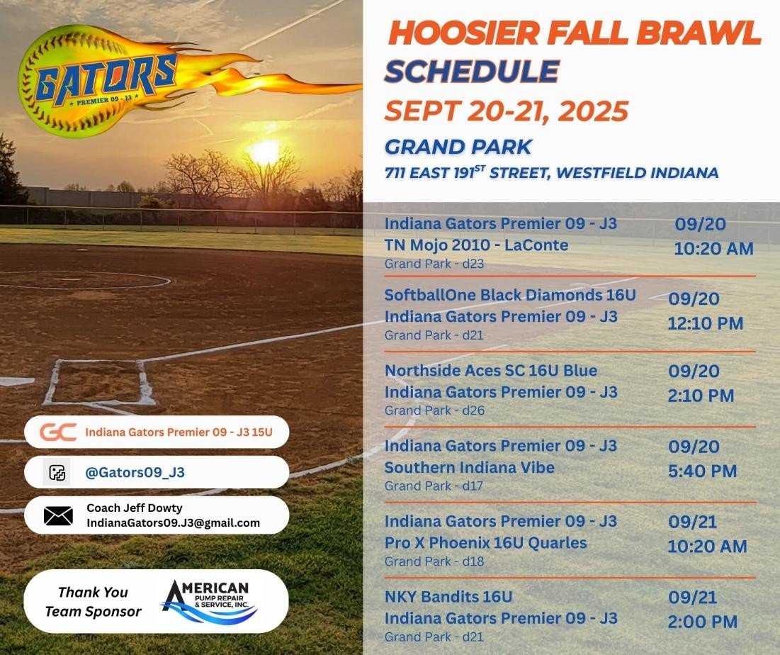 After a great Saturday going 4-0 with <a href="/Gators09_J3/">Indiana Gators Premier 09 - J3</a> we are back in action today starting at 1020 on field 18! 
<a href="/NDsoftball/">Notre Dame Softball</a>  <a href="/CoachDeOliveira/">☘️Irish Coach Boo!☘️</a> <a href="/Coach_pooch/">Mike “Pooch” Perniciaro</a> <a href="/CUJacketsSB/">Cedarville Softball</a> <a href="/BUPilotsSB/">Bethel Pilots Softball</a> <a href="/ZipsSB/">Akron Zips Softball</a> <a href="/UKCoachLawson/">Rachel Lawson</a> <a href="/coachkchapman/">Kelsey Chapman</a>  <a href="/NCSACoachDaily/">Jess Daily</a> <a href="/SBRRetweets/">Softball Recruiting Reposts</a> <a href="/NIUSoftball/">NIU Softball</a> <a href="/SanJoseStateSB/">San José State Softball</a>