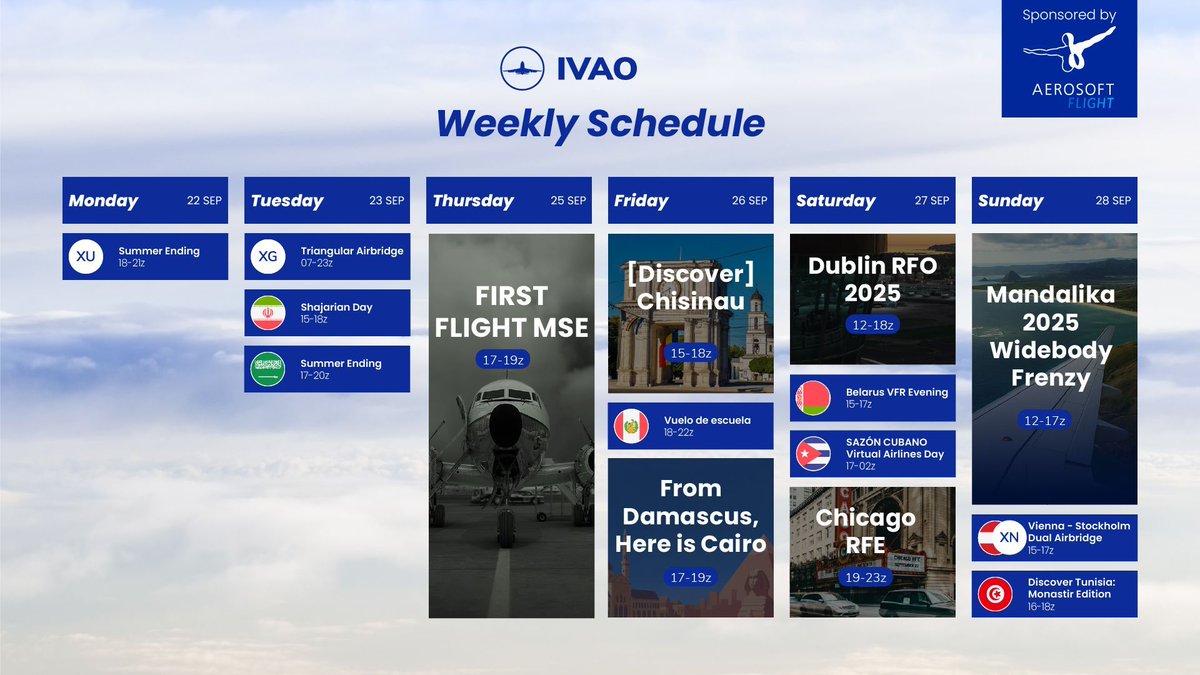 🌍 Weekly Event Schedule 🌍 

Don’t miss out on the fun and excitement - check the event calendar and pick the flights that interest you the most! See you in the virtual skies! ⛅ ✈️