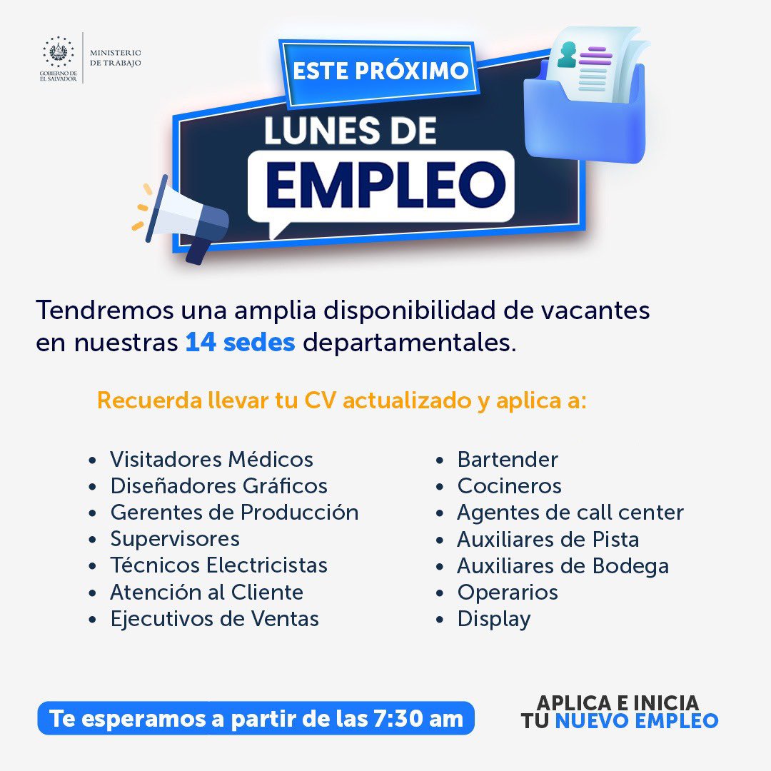 RolandoCastroSv's tweet photo. Estas son las plazas vacantes, para este Lunes de Empleo.

Si necesitas una oportunidad laboral, puedes acudir a cualquiera de nuestras catorce oficinas departamentales.

Lunes de Empleo está cambiando la vida de muchas personas. https://t.co/PMnPZbRrJR
