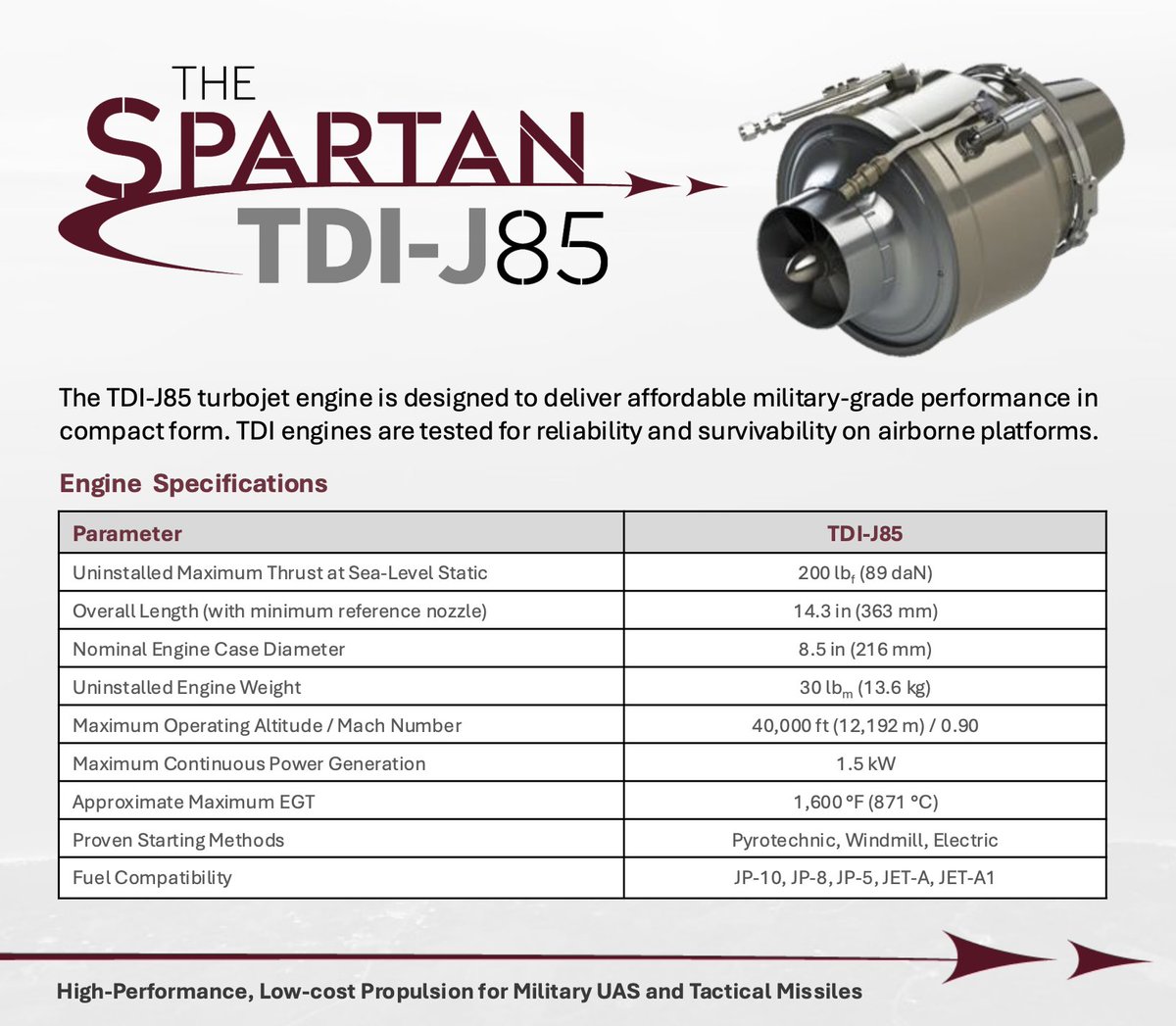 AirPowerNEW1's tweet image. Kratos (TDI) Spartan line of engines are military grade (US DOD standards), designed for affordability, compact size and ease of installation into expendable vehicle applications such as Cruise Missiles and #CCAs. 100% designed and produced in the USA, the family includes engines