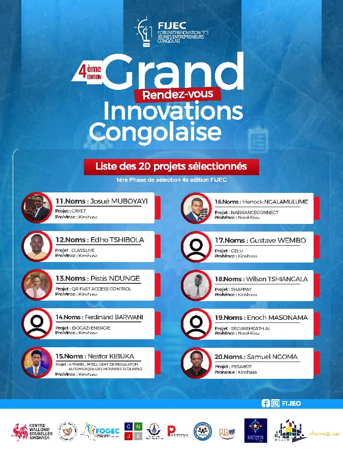 Voici les 20 projets innovants de la RDC sélectionnés pour le Grand Jury du FIJEC 2025 !

Après trois jours intenses de pitchs, d’idées brillantes et de passion entrepreneuriale, le FIJEC dévoile fièrement les 20 projets finalistes qui porteront haut les couleurs de l’innovation