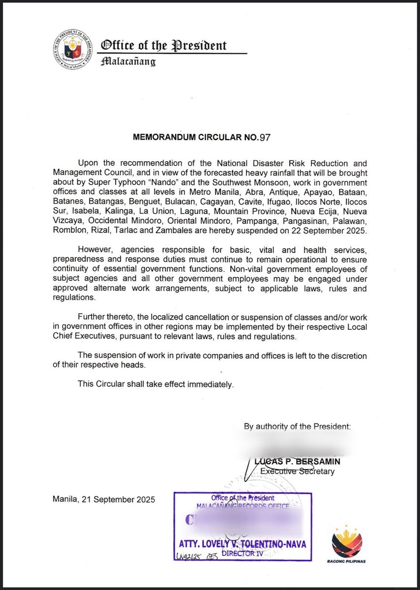 LOOK: Malacañang announces suspension of government work and classes in all levels on Monday, September 22, 2025 in Metro Manila and other areas due to the anticipated effects of Super Typhoon “Nando” and southwest monsoon. #WalangPasok | via <a href="/HarleneDelgado/">Harlene Delgado</a>