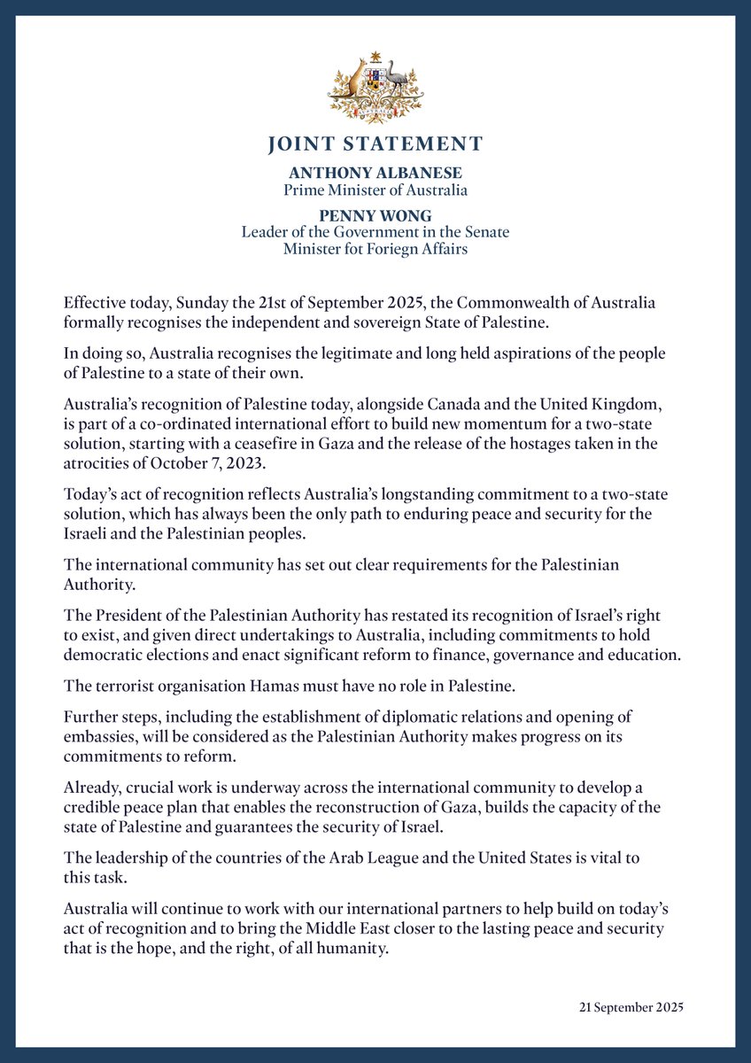 BREAKING: AUSTRALIA HAS OFFICIALLY ANNOUNCED THAT IT RECOGNIZES THE STATE OF PALESTINE