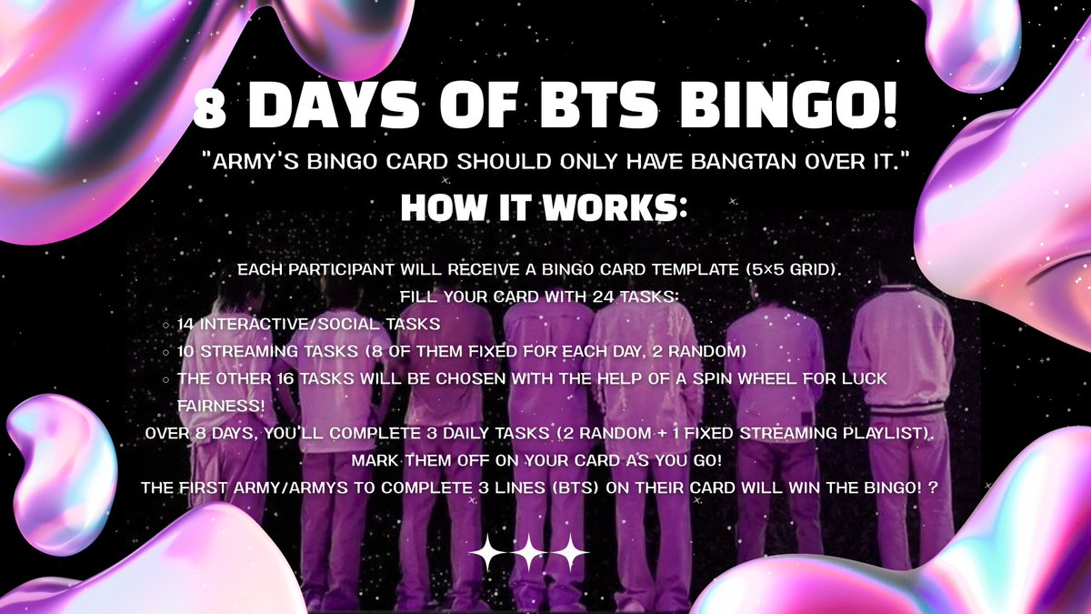 layovvveerrr's tweet photo. 📢 8 Days of BTS Bingo is here! 💜

“ARMY’s bingo card should only have Bangtan over it.” ✨

A fun streaming + dopy tasks with daily playlists &amp; 8 days of tasks!🫣

💜 Starts once we reach 50 participants!

👉 Sign up here: https://t.co/zh3xQEibd1

#BTSBingo #StreamingARMY https://t.co/VIHwoCZcrs