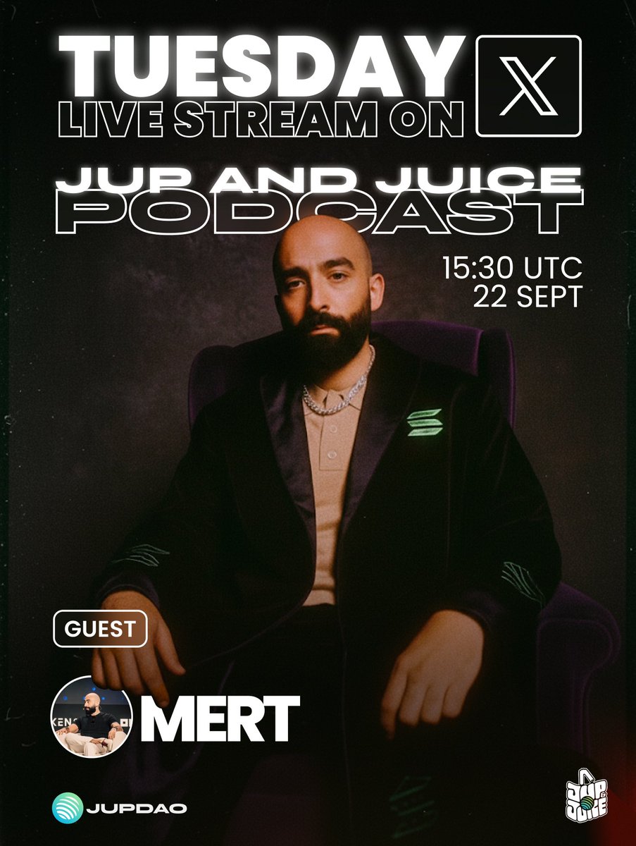 JUP AND JUICE๐ง (@jupandjuice) on Twitter photo THE SOLANA FUD KILLER
Tuesday weโre live with <a href="/0xMert_/">mert | helius.dev</a> , CEO of Helius
and SOL's biggest and boldest voice
This is a must watch.
TUESDAY LIVE ON X 15:30 UTC THE SOLANA FUD KILLER
Tuesday weโre live with <a href="/0xMert_/">mert | helius.dev</a> , CEO of Helius
and SOL's biggest and boldest voice
This is a must watch.
TUESDAY LIVE ON X 15:30 UTC