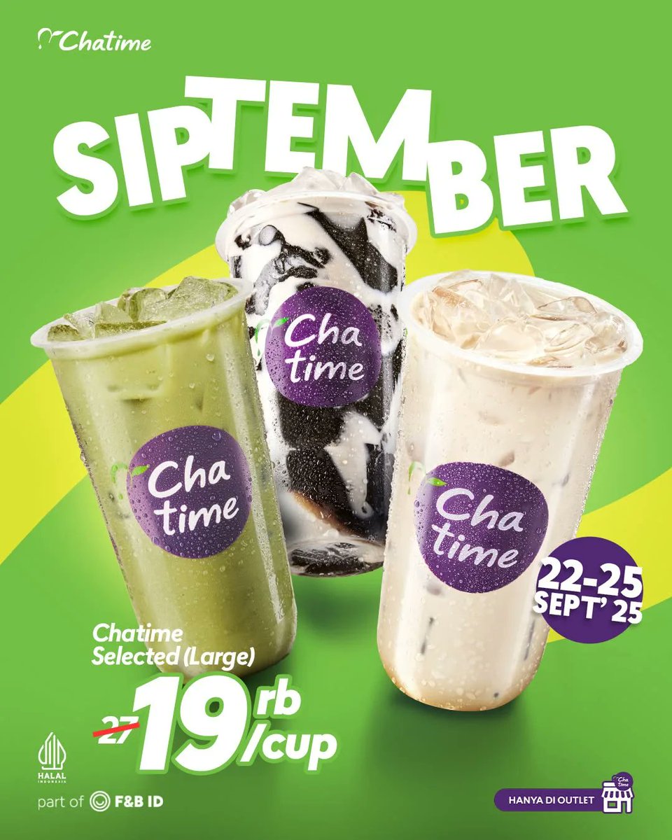 katalogpromosi's tweet image. Catat tanggalnya 🥤 Chatime kasih kejutan ✨
Large cup cuma Rp19.000 buat Matcha, Grass Jelly Fresh Milk, &amp;amp; Roasted Milk Tea 📅 22–25 Sep aja!

Jangan lewatkan, klik untuk cek detailnya 👉 katalogpromosi.com/promo-chatime-…

#promo #diskon #chatime