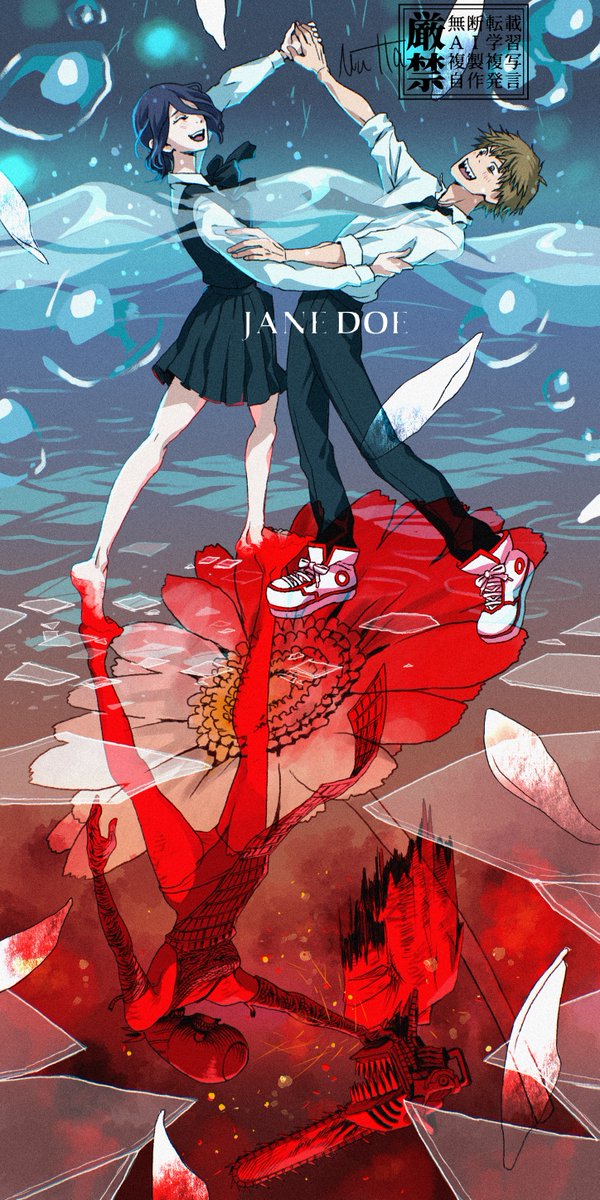 デンジ ,レゼ(チェンソーマン) 「JANE DOEリリース おめでとーございます 縦長なのでタップしていただけると」|むらたま(MUTTA)のイラスト