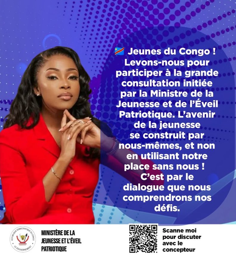 Jeunesse congolaise, levons-nous et participons massivement aux consultations lancées par Son Excellence <a href="/GraceKutino/">Grace Emie Kutino</a>, Ministre de la Jeunesse !

C’est une occasion en or de faire entendre nos voix pour l’intérêt de toute la République.<a href="/KankuMuteb6817/">Clément Kanku Muteba</a>