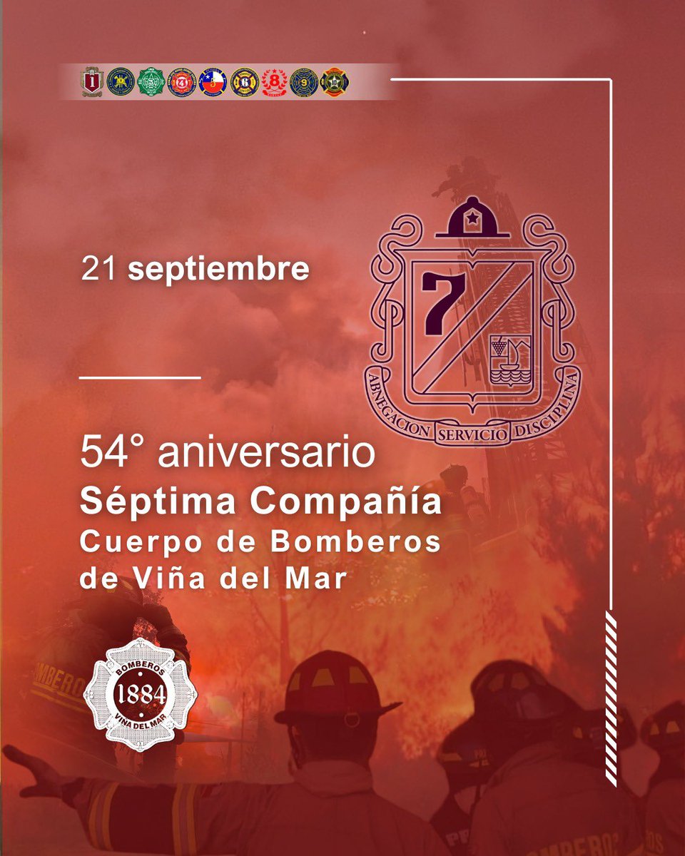 🏅ANIVERSARIO SÉPTIMA✨Hacemos llegar un fraternal saludo a nuestra Séptima Compañía, Bomba Viña del Mar Alto, en su 54° aniversario.

🤝 Más de medio siglo sirviendo a Viña del Mar Alto con compromiso y abnegación.

#BomberosViña