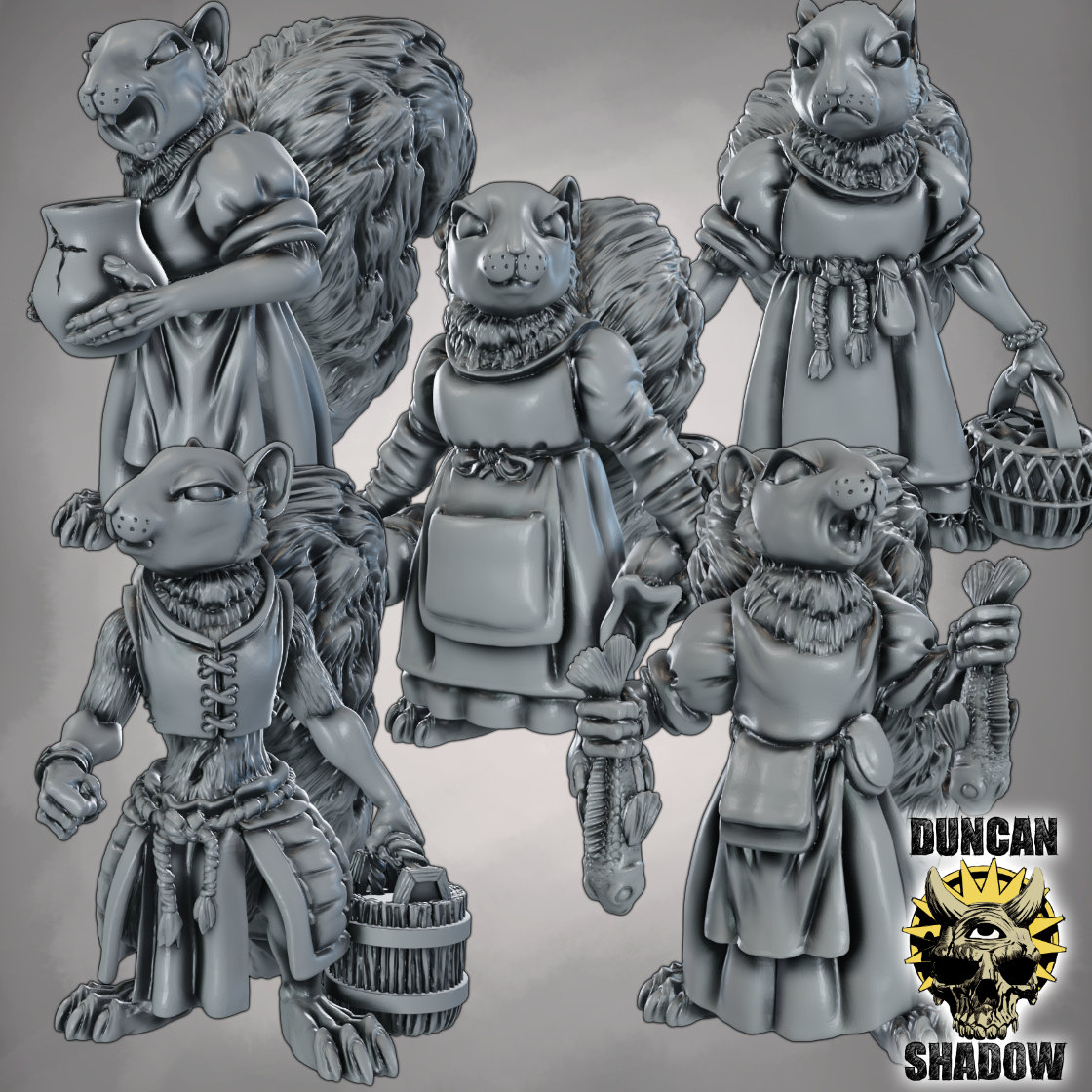 DuncanShadow's tweet image. And the last set of Squirrel folk out this month 
Set of 5 market npcs. Carrying and selling stuff 

They also come as a multipart kit which is compatible with my other sets 

3d printable files come with pre supported options 

#dnd #myminifactory