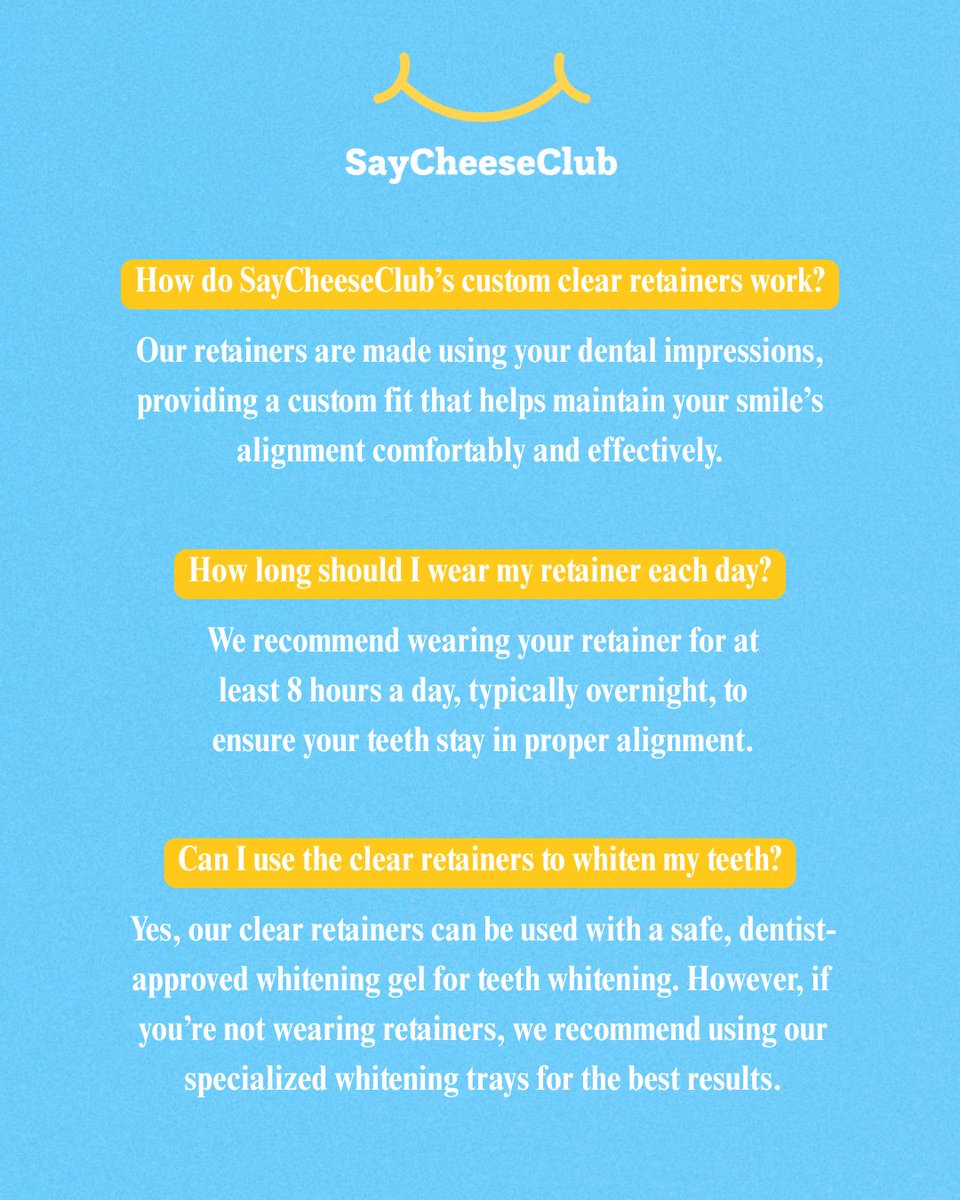 say_cheese_club's tweet image. Have retainer questions? We’ve got answers 😁

🦷 How they work
⏰ How long to wear
✨ Whitening compatibility

Say hello to your clearest smile yet 👉 #RetainerFAQ #SayCheeseClub #SmileTips