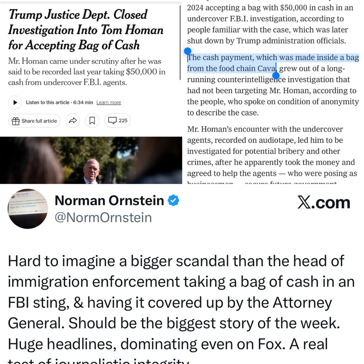 TheTNHoller's tweet photo. Per NYT, the “BAG OF CASH” $50,000 cash payment Homan took from undercover FBI agents was inside a bag from Cava.

Trump’s DOJ made the investigation go away. A wildly corrupt regime. 
https://t.co/C5tx5i0jlL https://t.co/HHJu8yG0Oy