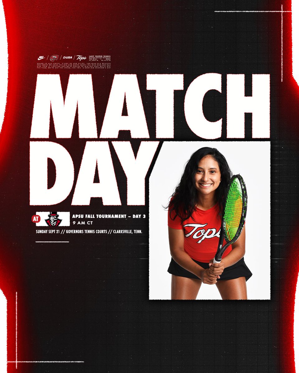 WKU Tennis (@wkutennis) on Twitter photo APSU Fall Tournament Day 3๏ธโฃ
๐ 9 a.m. CT
๐๏ธ Governors Tennis Courts
๐ Clarksville, Tenn.
#GoTops APSU Fall Tournament Day 3๏ธโฃ
๐ 9 a.m. CT
๐๏ธ Governors Tennis Courts
๐ Clarksville, Tenn.
#GoTops
