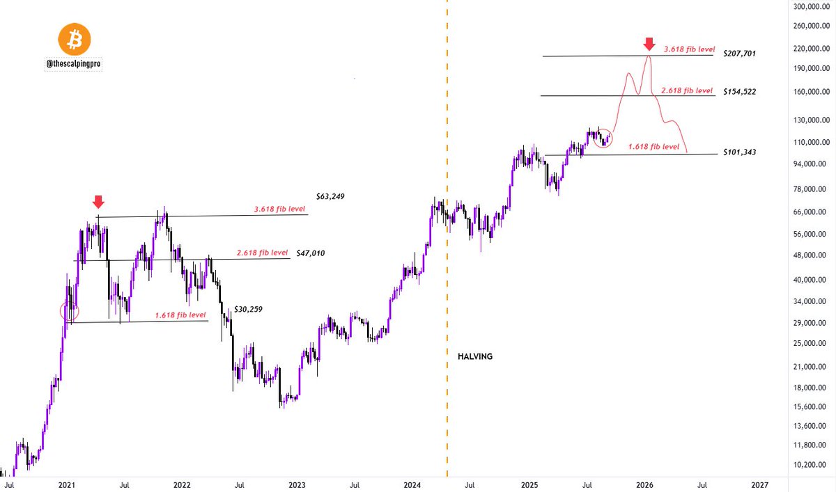 BTC $207,701에서 정점을 찍을까요? 🤔 피보나치 확장은 가격 발견에 들어가면 주요 지지 및 저항 수준을 식별하는 데 매우  중요한 역할을 합니다. 이전 사이클에서 비트코인은 정확히 3.618 피보나치 확장 수준에서 정점을 찍었습니다. 현재