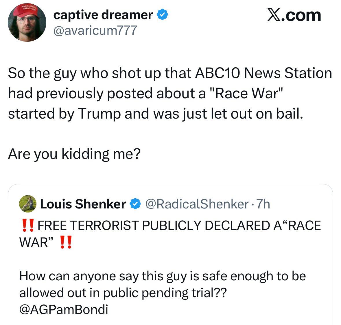 This makes at least three politically motivated shootings by left wing assailants in the past week and a half. We’re averaging about one attack every three days. The Left has declared war on the country.
