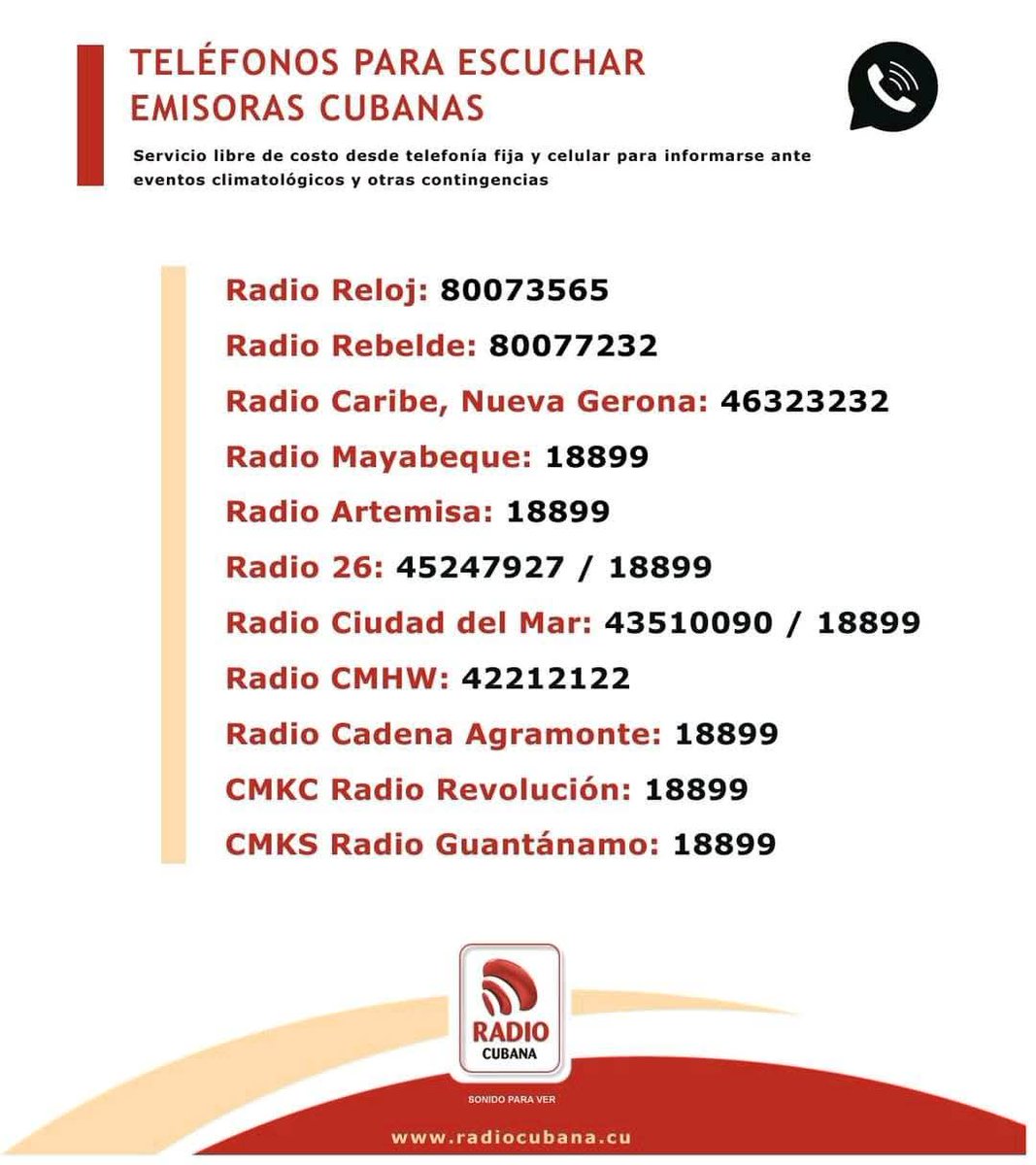 AlexitoBCh1's tweet photo. Ante las contingencias, #EtecsaTeAcompaña por eso se ponen a disposición de la población los números donde se pueden escuchar las emisoras cubanas para mantenerse informados. https://t.co/HOgCQfnB0C