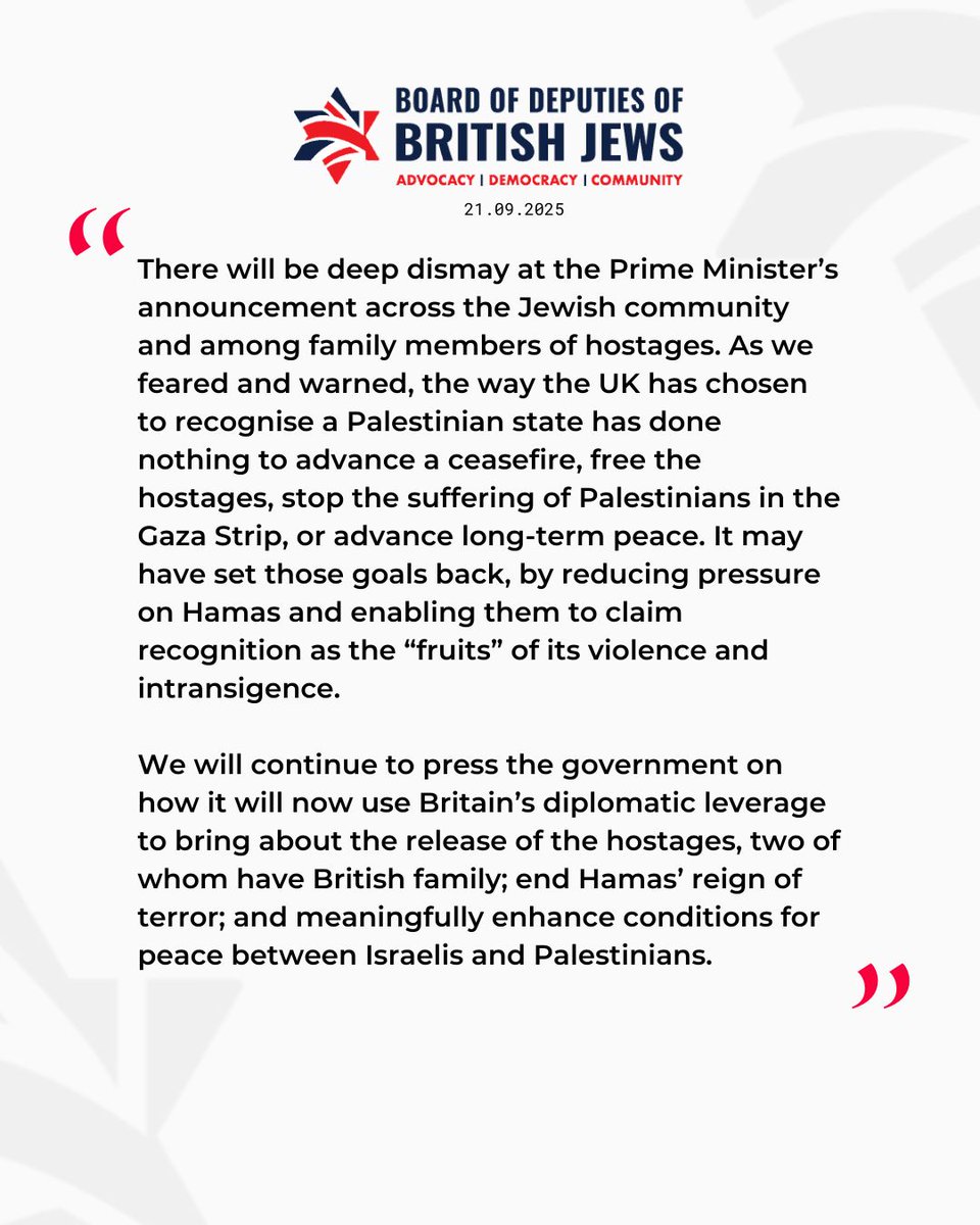 The Board of Deputies’ response to the UK’s recognition of a Palestinian state