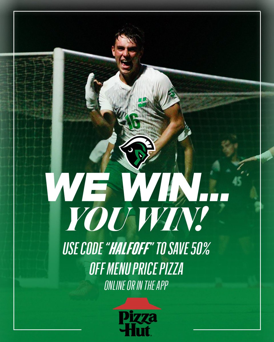 𝑾𝒉𝒆𝒏 𝑾𝑬 𝒘𝒊𝒏 ... 𝒀𝑶𝑼 𝒘𝒊𝒏 ❗ Thanks to Upstate's win vs UNC Asheville Saturday night, Spartan Army, you can use code "HALFOFF" to receive 50% off menu price pizza (online or in the app) from Pizza Hut today!  

#SpartanArmy ⚔️