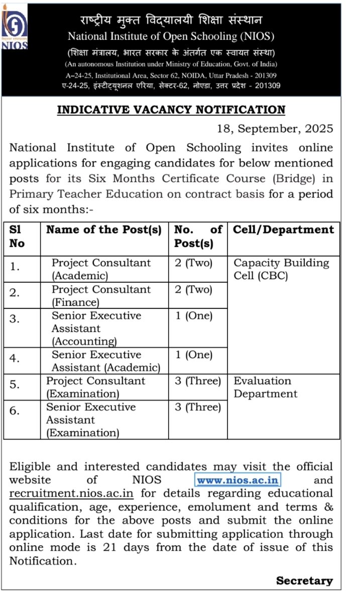 niostwit's tweet image. 📢 NIOS Vacancy Alert

Applications invited for contractual posts under Six Months Certificate Course (Bridge) in Primary Teacher Education.

Apply 👉 recruitment.nios.ac.in

#NIOS #Vacancy #Recruitment #Education #Teaching #CapacityBuilding