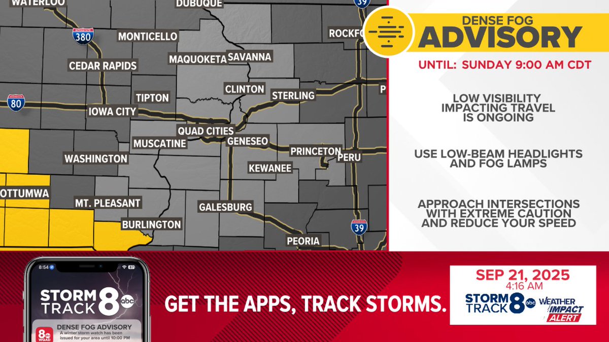 A Dense Fog Advisory has been issued for parts of the area until Sep 21 9:00AM Watch for reduced visibility down to less than a mile at times. #WeTrackStorms