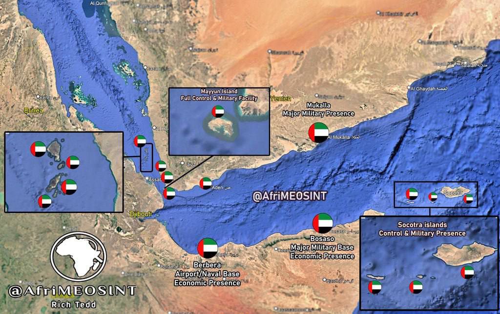 SprinterPress's tweet image. 🇦🇪The United Arab Emirates have established the largest and most diverse military presence along the Gulf of Aden, Bab el-Mandeb, and the southern Red Sea, giving them significant control over this key maritime passage and enabling them to project power and influence across Yemen…