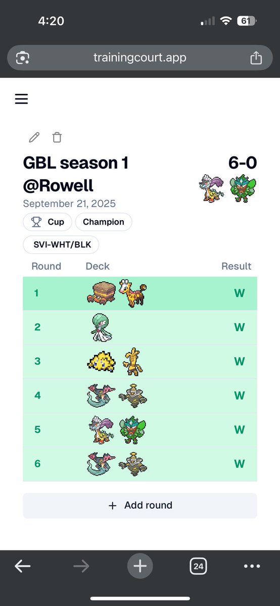 Pokemon GBL S1 @Rowell
Deck: Raging bolt
Pax: 64
Rank: 1st
6 swisss round , MU below

Finally get to Play my first GBL this season aft successful walk in, keep on getting decline.