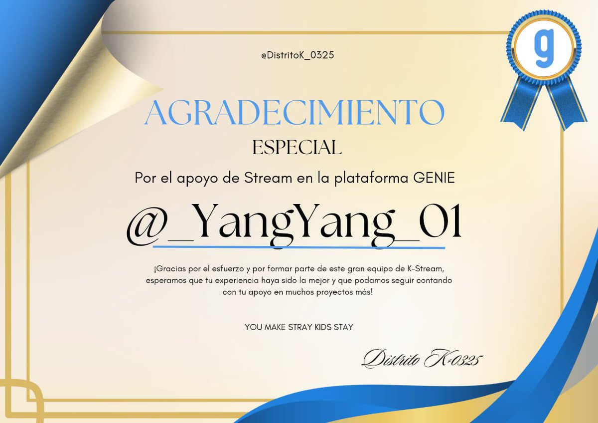 _YangYang_01's tweet photo. Les comparto mi diploma por haber sido parte del equipo de genie. Me encantó el poder ayudar a los chicos durante todo este mes y la verdad fue una experiencia súper linda
#KARMA
#Ceremony_KStream
#Kstreaming_Karma
#StrayKidsComeback
@Stray_Kids
@DistritoK_0325 https://t.co/Casd0Z37hZ